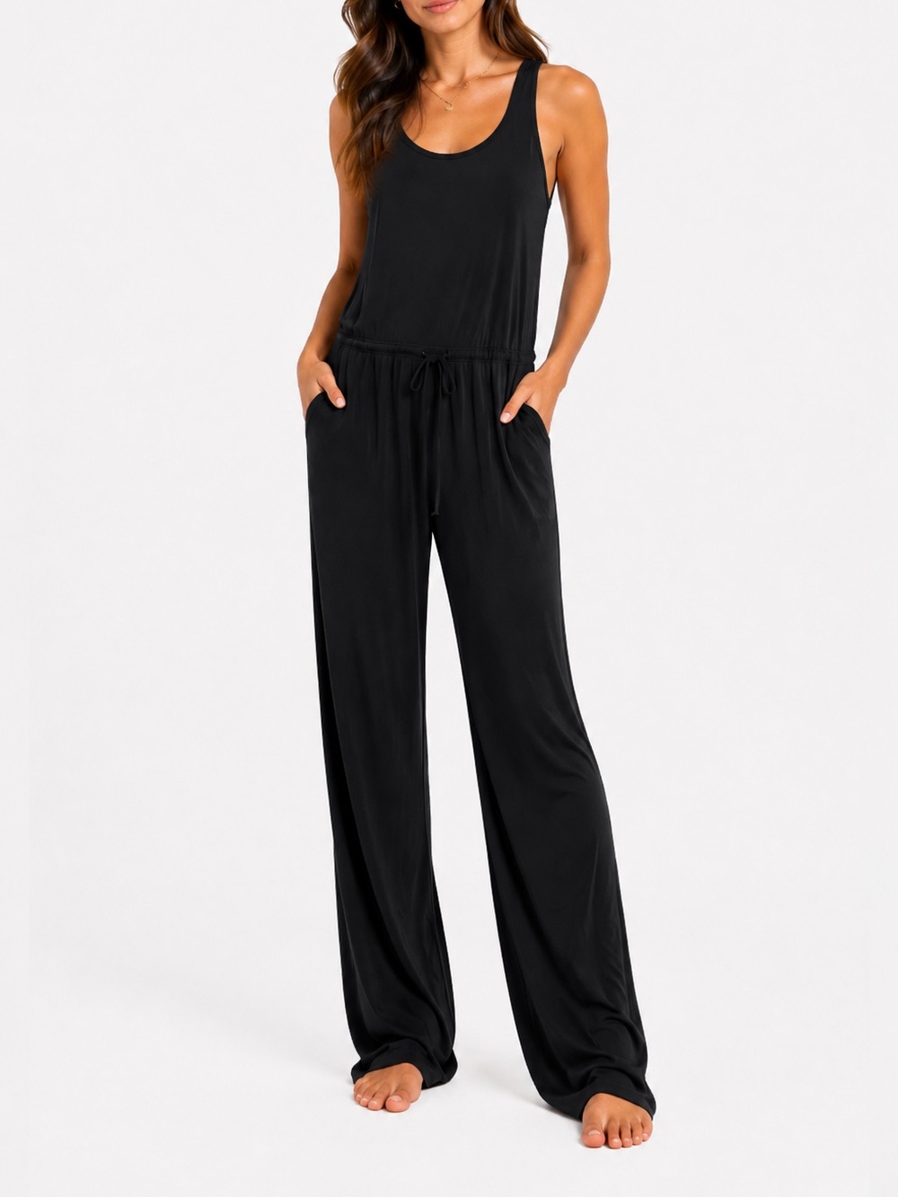 Be Cool Black Drawstring Wide Leg Jumpsuit Size Medium | Soft Lounge One-Piece